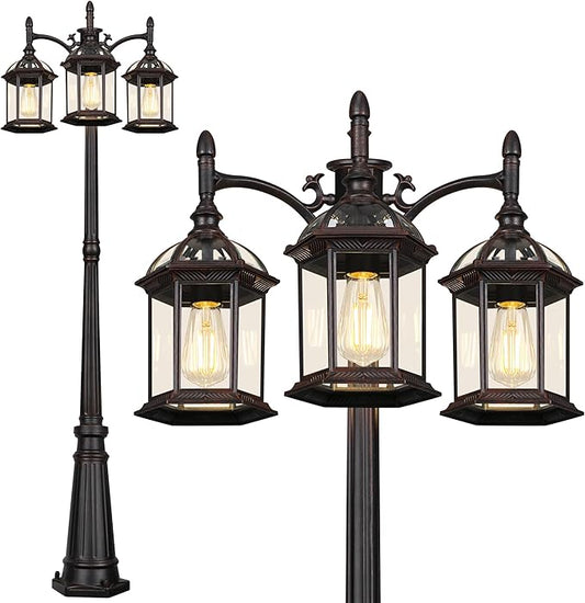 Aluminum Outdoor Lamp Post Birdcage, Hardwired Street Light for Outside, 3-Head Pole Light Modern Lamp Post Outdoor Lighting with Clear Glass Panels for Garden Patio Backyard Walkway Driveway