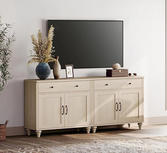 WAMPAT Farmhouse TV Stand for 75 inch TV with 4 Doors and 2 Drawers, Wood Universal TV Stand with Storage Cabinets, Light Oak Entertainment Center TV Console Table for Living Room, Bedroom