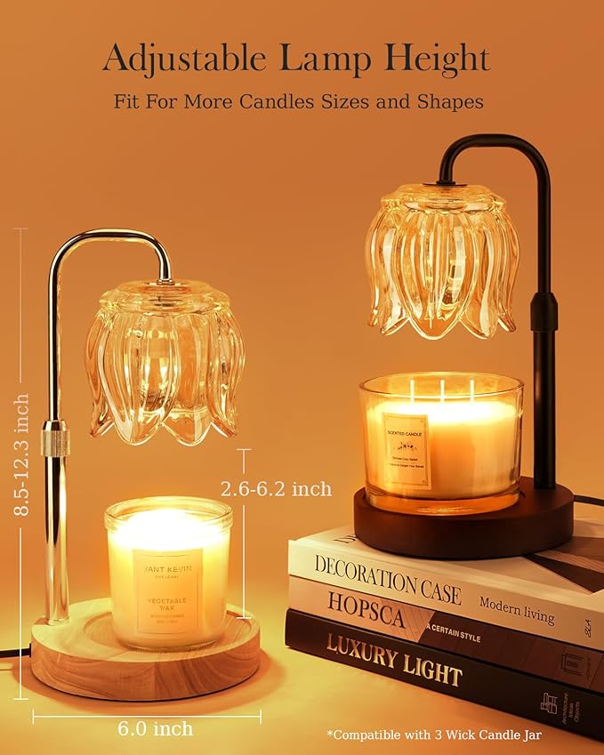 Candle Warmer Lamp with Timer Dimmer, Adjustable Height for Electric Candle Warmer Lamp, Wax Warmer Lamp for Birthday Gifts for Women, House Warming Christmas Gifts New Home Decor-Embossed Walnut Base