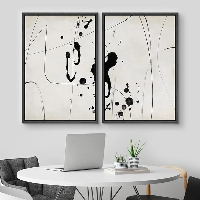 MUDECOR Framed Canvas Print Wall Art Set Grunge Ink Blot Paint Splatter Collage Abstract Shapes Illustrations Modern Art Decorative Bohemian for Living Room, Bedroom, Office - 16"x24"x2 Black