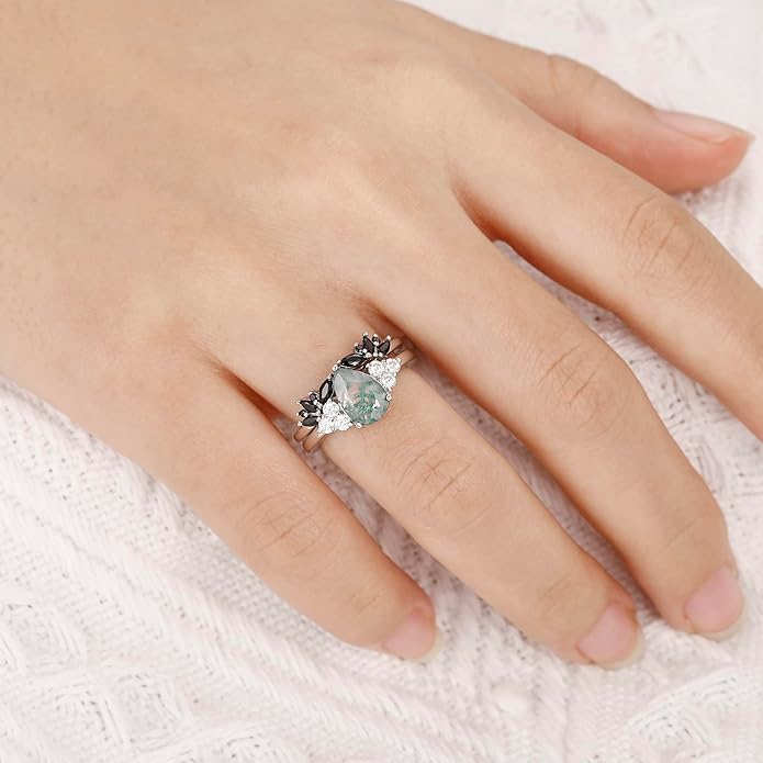 Black Gold Plated Natural Moss Agate Bridal Wedding Ring Sets for Women, 925 Sterling Silver Gothic Vintage Promise Rings and Eternity Black Spinel Band for Her - Boho Art Deco Platinum Plated Engagement Rings Size 4-9