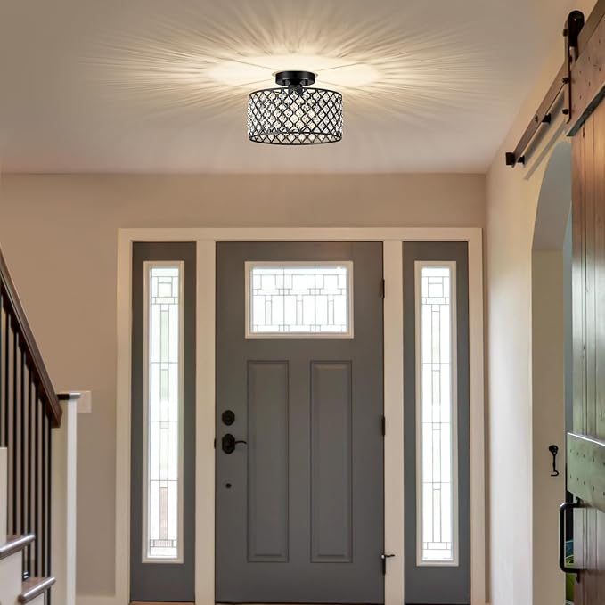Black Crystal Ceiling Light Fixture,Modern Semi Flush Mount Ceiling Lighting Fixture,Round Small Chandelier for Dining Room, Hallway, Entryway, Kitchen, Bedroom,Foyer,1 Light,11.2 inch