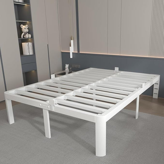 14 Inch King Size Bed Frame, White King Bed Frame with Metal Baffles, No Box Spring Needed, Heavy Duty Steel Platform Support, Round Corner Legs, Reserved Holes, Noiseless, Storage Space