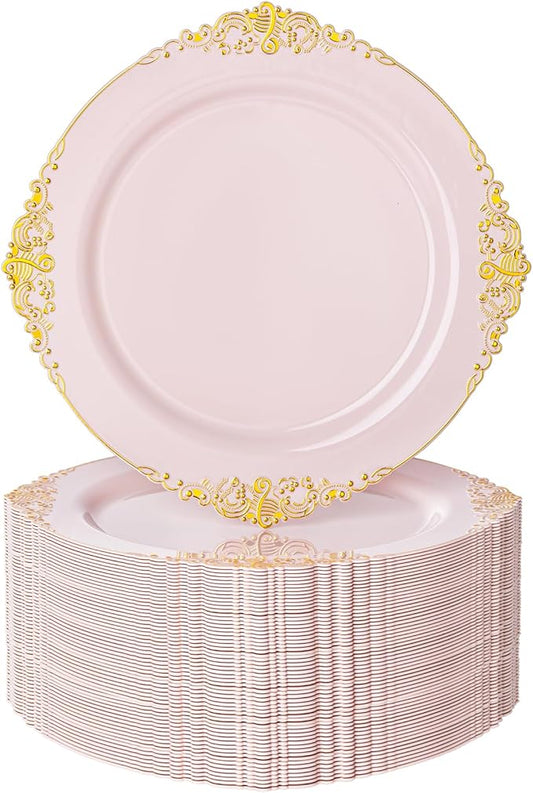 Nervure 100PCS Pink and Gold Plastic Plates - 7.5 inch Pink Plastic Plates with Gold Rim - Disposable Dessert Plate for Wedding & Party & Christmas