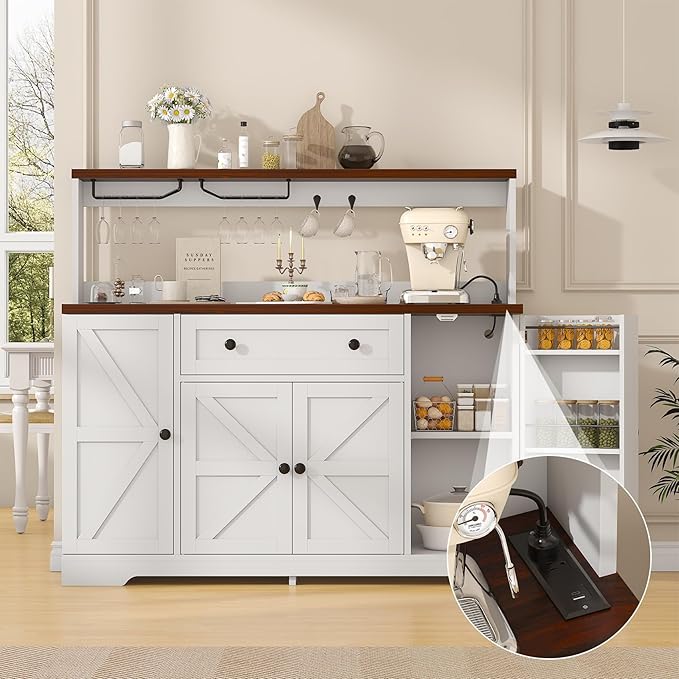 Hutch Storage Buffet Cabinet with Drawers, and Charging Station, Coffee Bar Cabinet with Barn Doors, Wine Rack and Hooks, White Wood Sideboard Buffet for Kitchen, Dining Room, 47.8" High