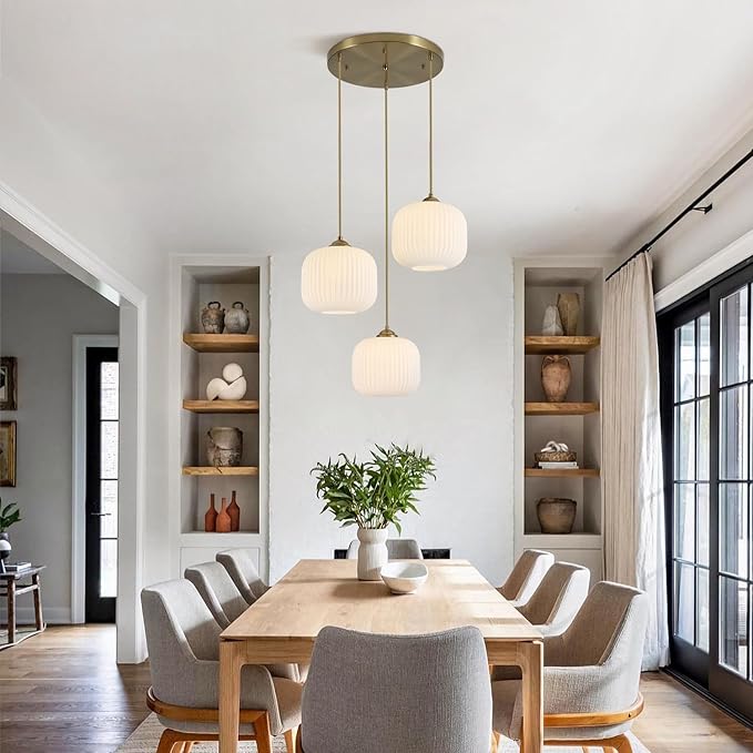 BOKT White Pendant Lights Kitchen Island 3 Light Globe Cluster Pendant Light Large Ribbed Glass Cluster Chandelier Gold Vintage Adjustable Hanging Light Fixture for Sink Dining Room