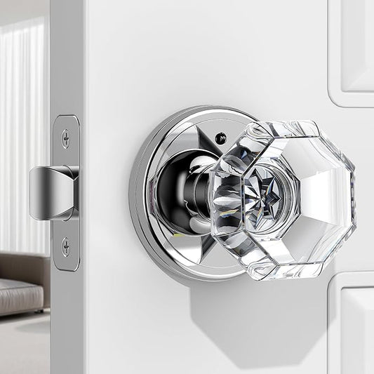 1 Pack Crystal Door Knob, Octagon Shaped Glass Door Knobs Interior with Lock, Polished Chrome Door Knobs Interior Glass