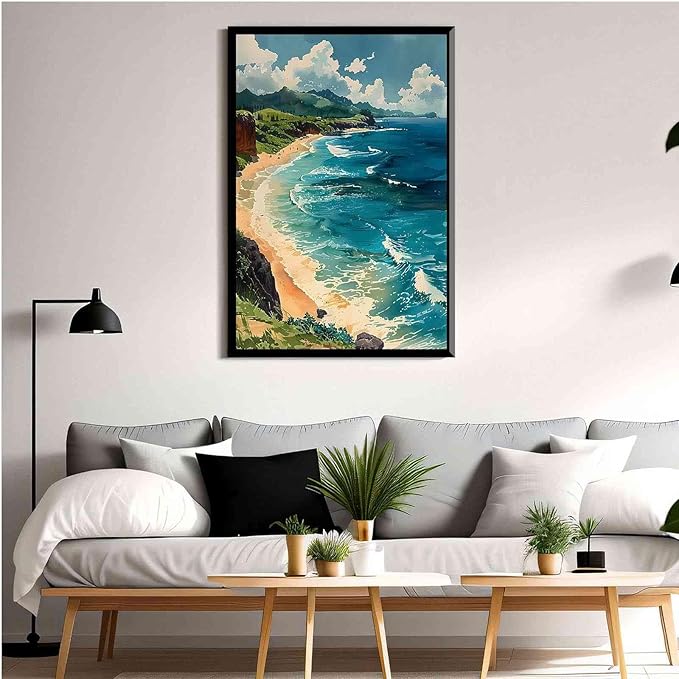 Framed Canva Prints Maui Watercolor Painting Hawaii Wall Art Maui Poster Home Décor Art Lovers Gift Watercolor Print Wall Hanging 20x30in-Black-Metal-Framed
