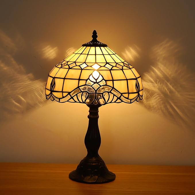 Tiffany Vintage Table Lamp,Pink Baroque Stained Glass Vintage Lamps,Bedside Nightstand Lamps for Bedroom,Living Room,Home Office Desk Lamp,LED 3 Color Temperatures Bulb,12X12X19Inch