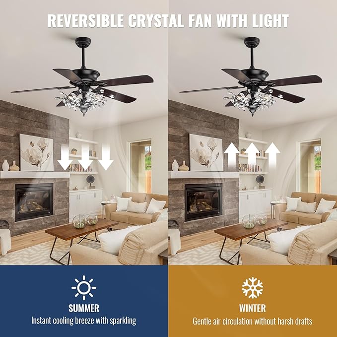 50" Reversible Crystal Ceiling Fan with Lights, Black Vintage Chandelier Fan with Remote Control, 6-Speed Adjustable & Quiet Motor – Fandelier for Bedroom, Living Room, Dining Room