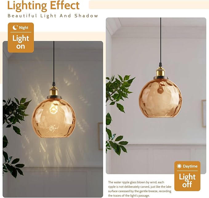 Amber Glass Hanging Lamp, Plug in Pendant Light with 14.75 Ft Long Cord, Plug in Hanging Chandelier Vintage Celing Light Fixtures Hanging for Kitchen Dining Room Living Room Bedroom (2 Pack)