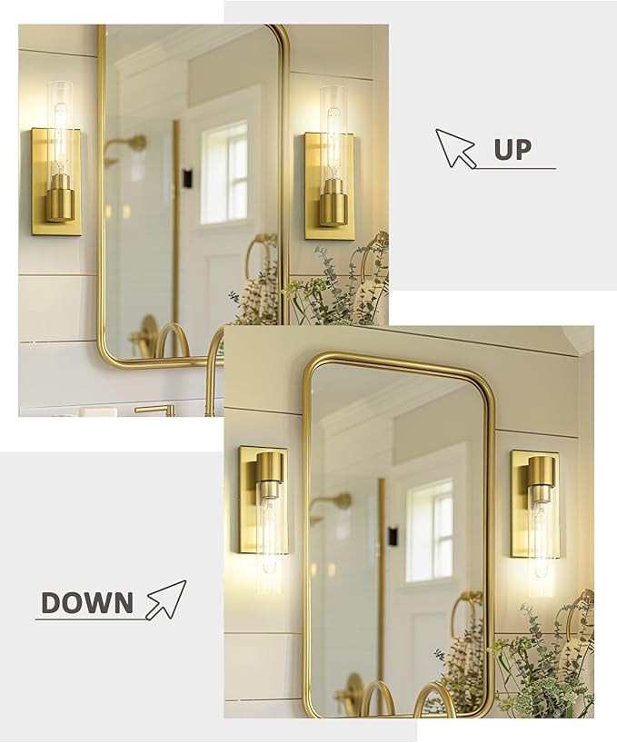 1-Light Bathroom Vanity Light, HWH Modern Sconce Wall Lighting with Cylinder Clear Glass Shade, Vanity Wall Sconce in Brushed Gold Finish for Bedroom Kitchen Powder Room, 5HY104B BG