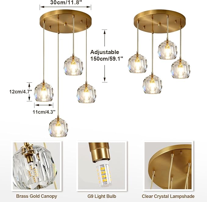 Gold Crystal Pendant Light Mid Century Modern 4-Lights Cluster Pendant Lighting Anti Brass Adjustable Hanging Ceiling Light Vintage Round Kitchen Island Chandelier Light Fixture