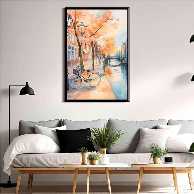 Framed Canvas Prints Amsterdam Canal Bikes Watercolor Painting Netherlands Wall Art Print Amsterdam Cityscape Travel Poster Europe Art Print 16x24in-Black-Metal-Framed