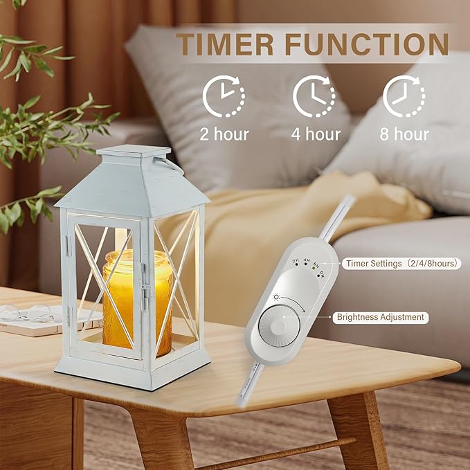 Candle Warmer Lamp with Timer,Cande Warmer Lantern for Jar Candle,Dimmable Candle Lamp Warmer Farmhouse Heat Lamp with 2 Bulbs,Auto Shut Off & Adjustable Brightness-White