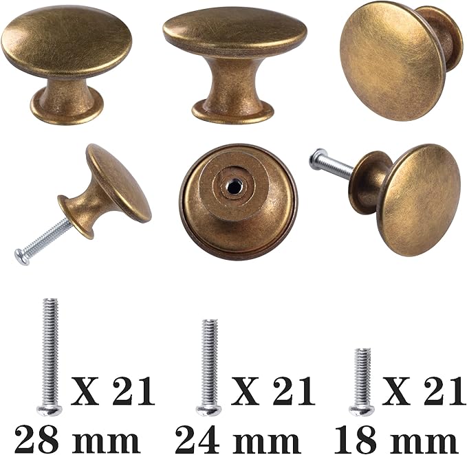 20 Pack Brass Round Antique Brass Kitchen Cabinet Knobs Cupboard Door Knobs Drawer Handle Pulls Dresser Knobs with 21 Pcs Screws for Bathroom Drawer Door Hardware