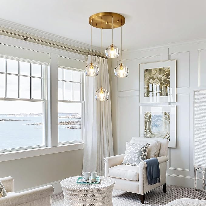 Gold Crystal Pendant Light Mid Century Modern 4-Lights Cluster Pendant Lighting Anti Brass Adjustable Hanging Ceiling Light Vintage Round Kitchen Island Chandelier Light Fixture