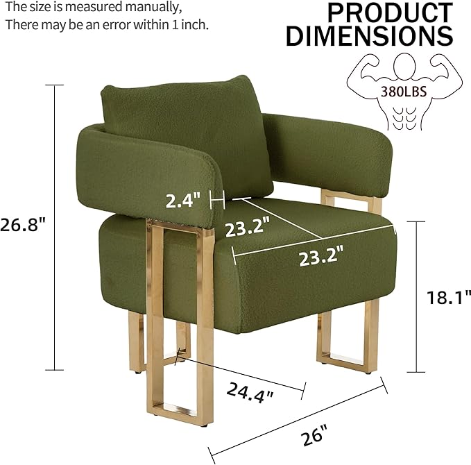 YISHENG Modern Barrel Accent Chairs Set of 2, Living Room Side Chairs with Golden Metal Legs Soft Teddy Upholstered Reading Armchairs no Wheels for Vanity/Reception Room//Bedroom/Lounge/Office, Green