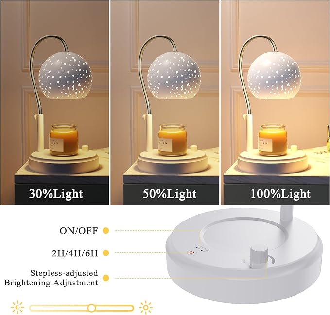 Candle Warmer Lamp with Timer, Candle Warmer Lamp Adjustable Height with 2 Bulbs, Dimmable Electric Candle Warming Lamp for Scented Jar Candles, White