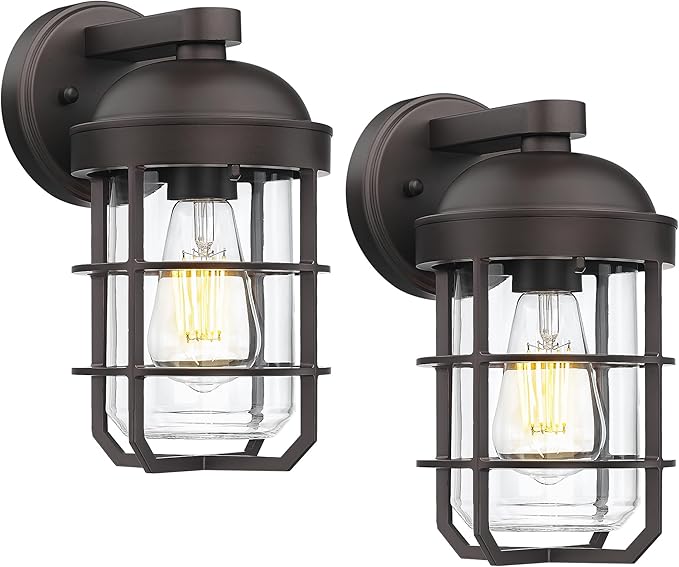 Emliviar 2 Packs Outdoor Wall Lamps, Patio Wall Lighting Waterproof with Clear Tempered Glass, Vintage Exterior Lights in Oil Rubbed Bronze Finish, GE255BL-2PK ORB
