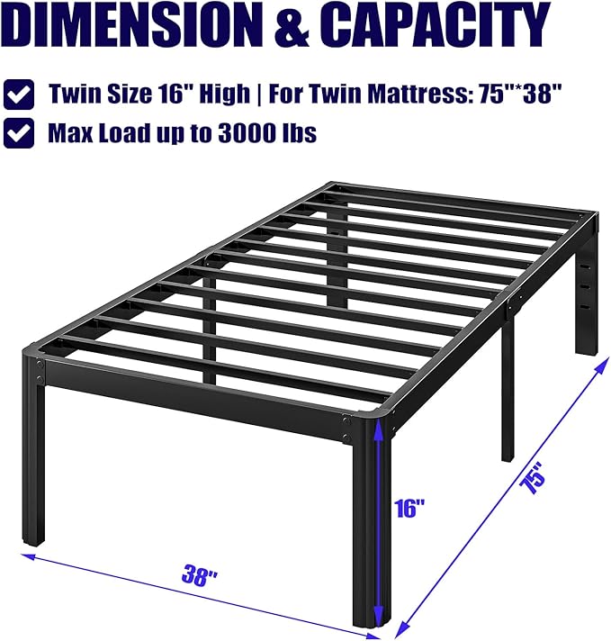 Hunlostten 16" Heavy Duty Twin Bed Frame No Box Spring Needed, Metal Platform Bed Frame Twin with Round Corners, Easy Assembly, Noise Free, Black