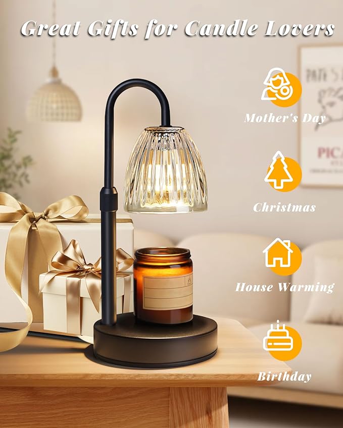 Dimmable Candle Warmer Lamp with Timer Adjustable Height, for Mom, Home Decor Birthday Housewarming Gifts for Women, Modern Electric Wax Melt Warmer for Scented Jar Candles, Black