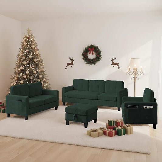 3 Pieces Sofa Sets Furniture, Corduroy Fabric 3 Seater Sofa with Ottoman and Loveseat and Armchair Sets, Modern L Shaped Couch + Love Seat + Accent Chair Sets for Living Room,Green