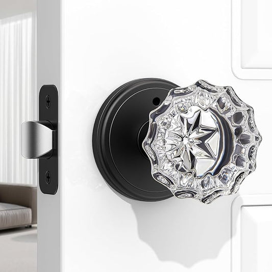 1 Pack Crystal Door Knob, Rosette Shaped Glass Door Knobs Interior with Lock, Matte Black Door Knobs Interior Glass