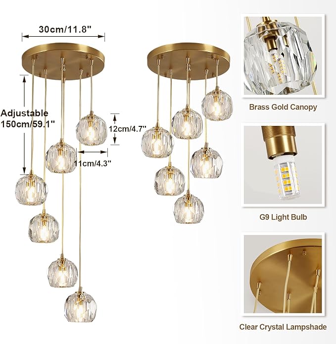 Modern 6 Lights Cluster Pendant Lighting Multi Light Gold Crystal Chandelier Pendant Light Mid Century Anti Brass Clear Glass Round Ceiling Hanging Light Fixture