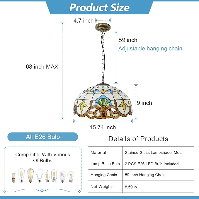 Tiffany Pendant Light Stained Glass Chandelier Victorian Hanging Lighting Fixture for Dining Living Room Kitchen Island Study Hallway,15 inch