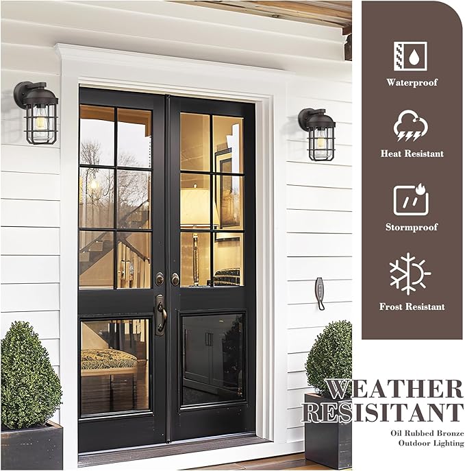 Emliviar 2 Packs Outdoor Wall Lamps, Patio Wall Lighting Waterproof with Clear Tempered Glass, Vintage Exterior Lights in Oil Rubbed Bronze Finish, GE255BL-2PK ORB