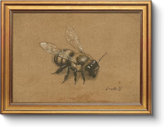 Vintage Bee Illustration Print Wall Art 12x16 Antique Gold Framed Canvas, Rustic Retro Botanical Insect Painting, Classic Entomology Bumblebee Drawing Farmhouse Study Entryway Decor