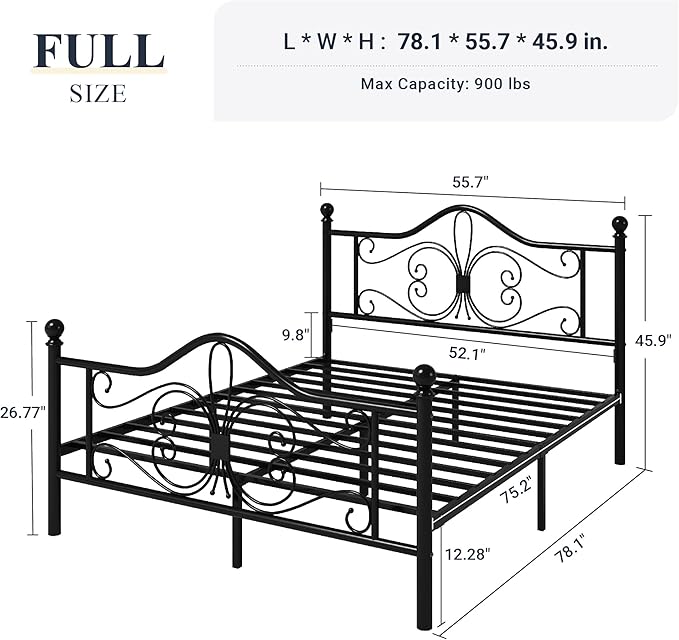 Allewie Full Size Bed Frame with Headboard,Metal Bed Frame with Butterfly Pattern Design Headboard & Footboard,No Box Spring Needed,Easy Assembly,Black