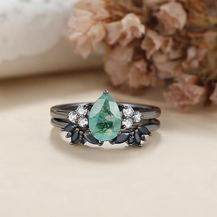 Black Gold Plated Natural Moss Agate Bridal Wedding Ring Sets for Women, 925 Sterling Silver Gothic Vintage Promise Rings and Eternity Black Spinel Band for Her - Boho Art Deco Platinum Plated Engagement Rings Size 4-9