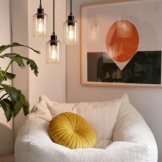 MAXvolador Industrial 3-Light Pendant Light, Adjustable Hanging Light Fixture with Clear Glass Shade, Pendant Lighting E26 Base Ceiling Lamp, Oil-Rubbed Bronze