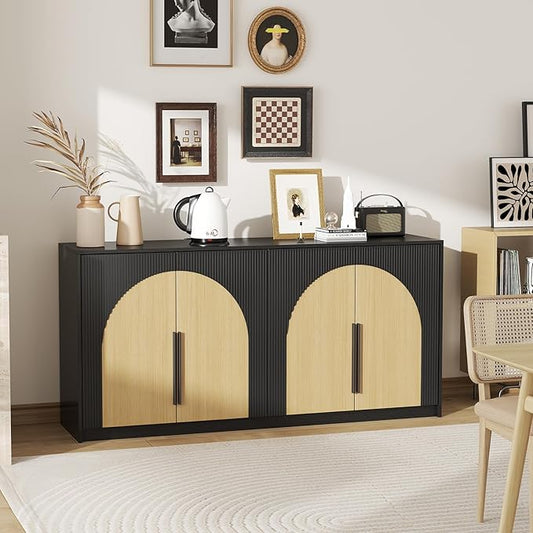 65 Inch Fluted Buffet Cabinet with Storage Symmetrical Arc Accent Sideboard Large Console Table for Dining Room Kitchen and Living Room (Camel)