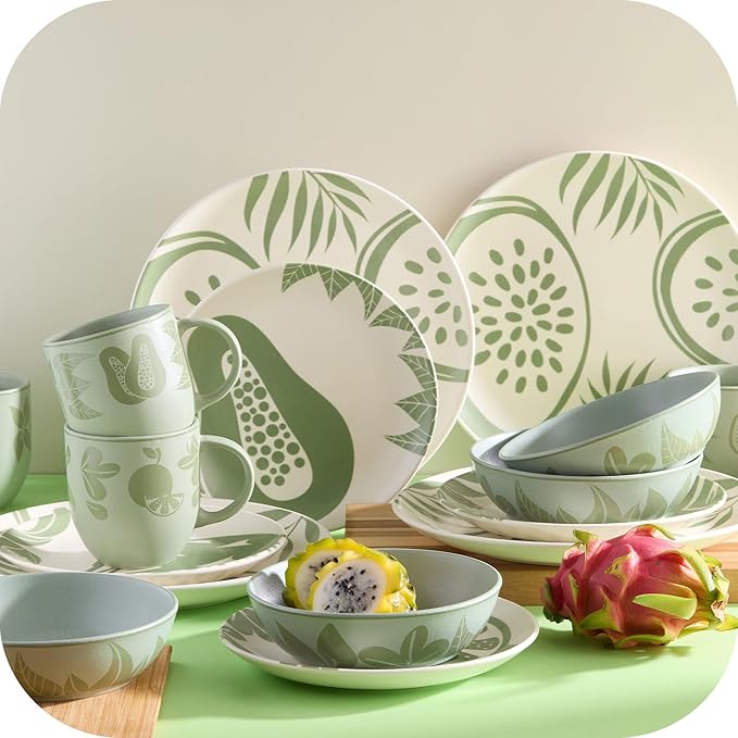 Corona 16–piece Green Tropical Fruit Design Ceramic Dinnerware Sets | Plates, Bowls and Mugs | Service For 4 | Frutto