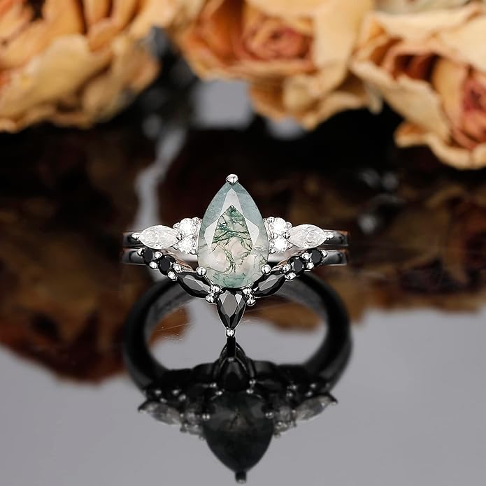 Black Gold Plated Natural Moss Agate Bridal Wedding Ring Sets for Women, 925 Sterling Silver Gothic Vintage Promise Rings and Eternity Black Spinel Band for Her - Boho Art Deco Platinum Plated Engagement Rings Size 4-9
