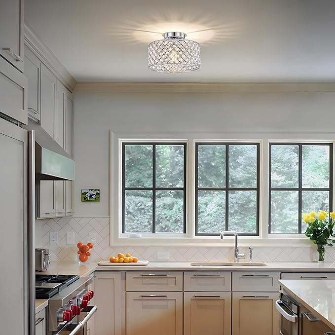 Chrome Crystal Ceiling Light Fixture,Modern Semi Flush Mount Ceiling Lighting Fixture,Round Small Chandelier for Dining Room, Hallway, Entryway, Kitchen, Bedroom,Foyer,1 Light,11.2 inch