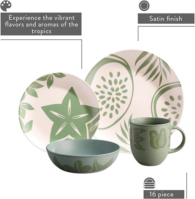 Corona 16–piece Green Tropical Fruit Design Ceramic Dinnerware Sets | Plates, Bowls and Mugs | Service For 4 | Frutto