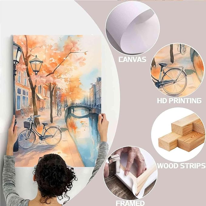 Framed Canvas Prints Amsterdam Canal Bikes Watercolor Painting Netherlands Wall Art Print Amsterdam Cityscape Travel Poster Europe Art Print 8x12in-Framed