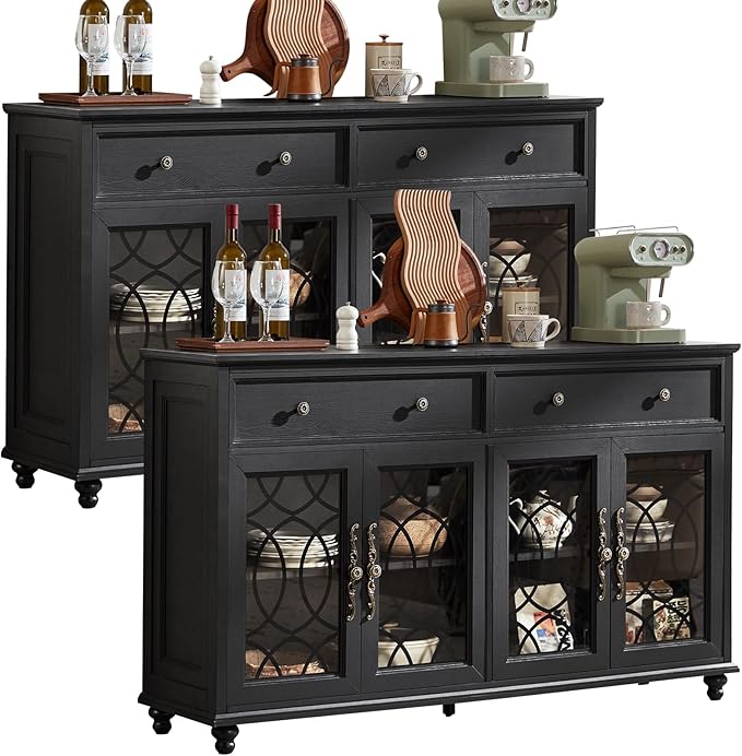 Large Sideboard Buffet Cabinet Set of 2 with Storage,59" Credenza with 4 Glass Doors & 2 Drawers,Adjustable Shelves Coffee Bar,Wood Kitchen Console Table for Dining Room,Black