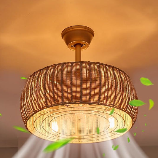18" Rattan Caged Ceiling Fan with Lights 4-Light Gold Fandelier with Light Boho Bamboo Chandelier Fan with Light Reversible Motor, Remote Wicker Pendant Light with Fan for Bedroom Living Room