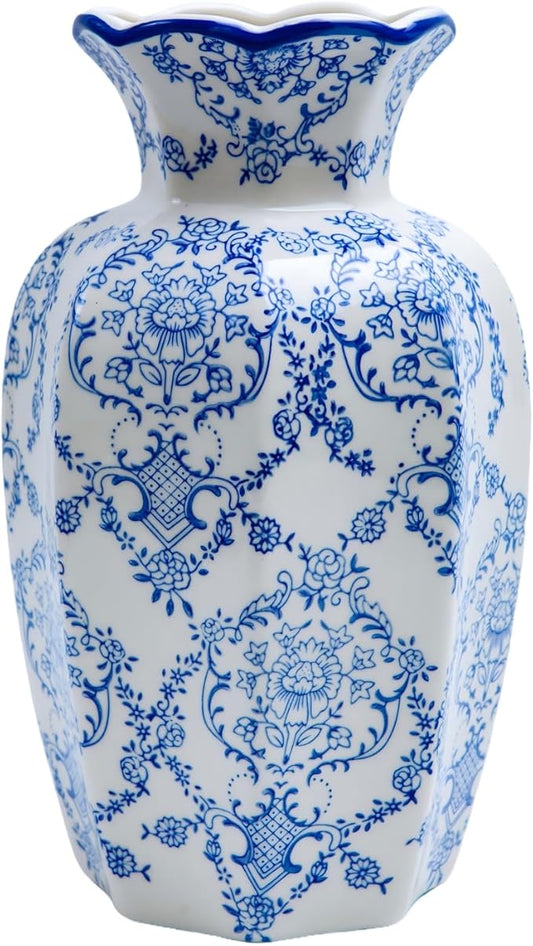 Chinoiserie vase, Blue and White Geometric Pattern Porcelain vase with Wavy Rim, Console Table Centerpiece, Floor Decor, entryway (Large, Mantangchun)