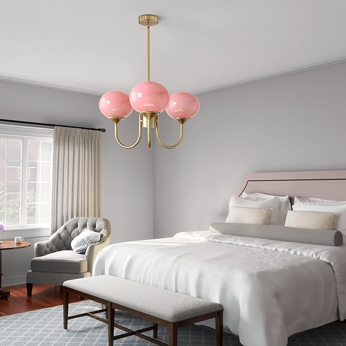 BOKT Modern Pink Sputnik Chandelier Brushed Gold Globe Sputnik Light Fixture 3 Light Mid Century Glass Pendant Lights Height Adjustable Vintage Large Ball Chandeliers Light