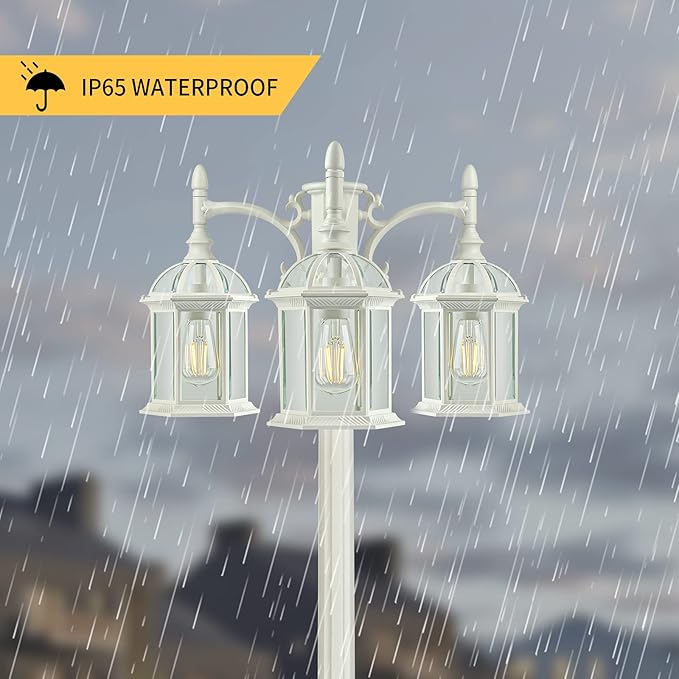 3-Head Outdoor Lamp Post Light Birdcage, Waterproof Outside White Street Light Pole with Clear Glass Shade for Yard, Garden, Patio, Path, Driveway