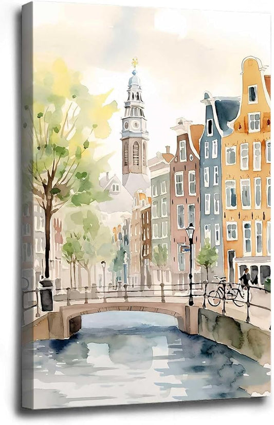 Pastel Canal Cityscape Canvas Art - Riverside Watercolor Architecture Print with Clock Tower & Bicycle Path - European-Style Townscape Wall Decor for Living Room Serenity