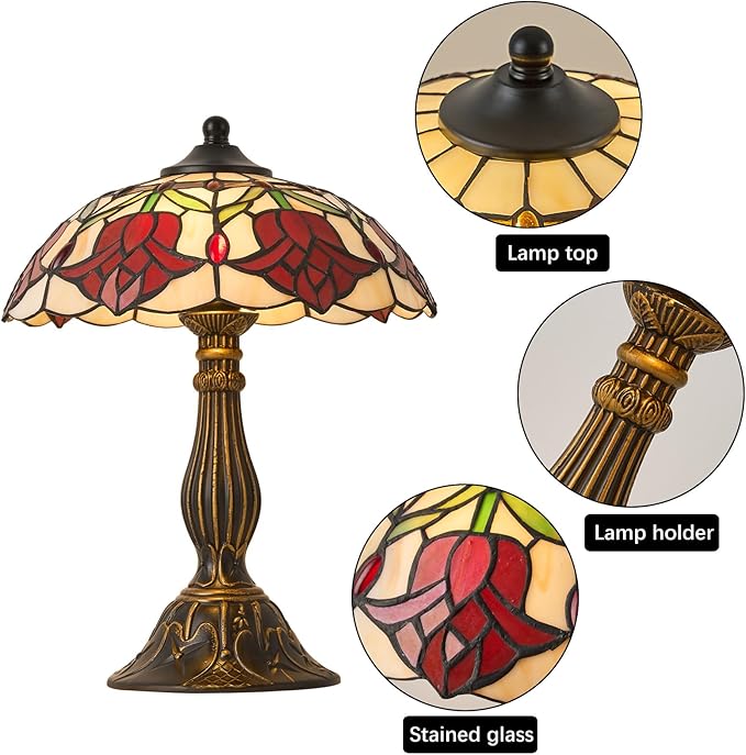 Tiffany Style Table Lamp, 12 inch Tiffany Style Stained Glass Table Lamp Bed Room Bedside Reading Desk Light for Living Retro Unique Cute Accent Decor Cottage Village Nightstand Lamps