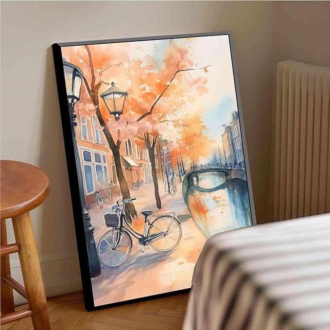 Framed Canvas Prints Amsterdam Canal Bikes Watercolor Painting Netherlands Wall Art Print Amsterdam Cityscape Travel Poster Europe Art Print 12x18in-Black-Metal-Framed