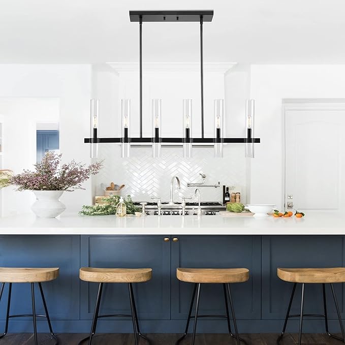 Untrammelife Modern Linear Island Light,6-Light Black Large Chandelier 36" W Rectangle Pendant Light with Clear Glass Shade,45 in Adjustable Rod Farmhouse Hanging Light Dining Room Kitchen Island